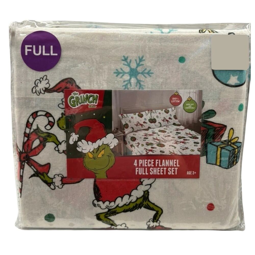 Dr. Seuss The Grinch FULL Flannel Sheet Set 4pc 100% Cotton Merry Grinchmas NEW